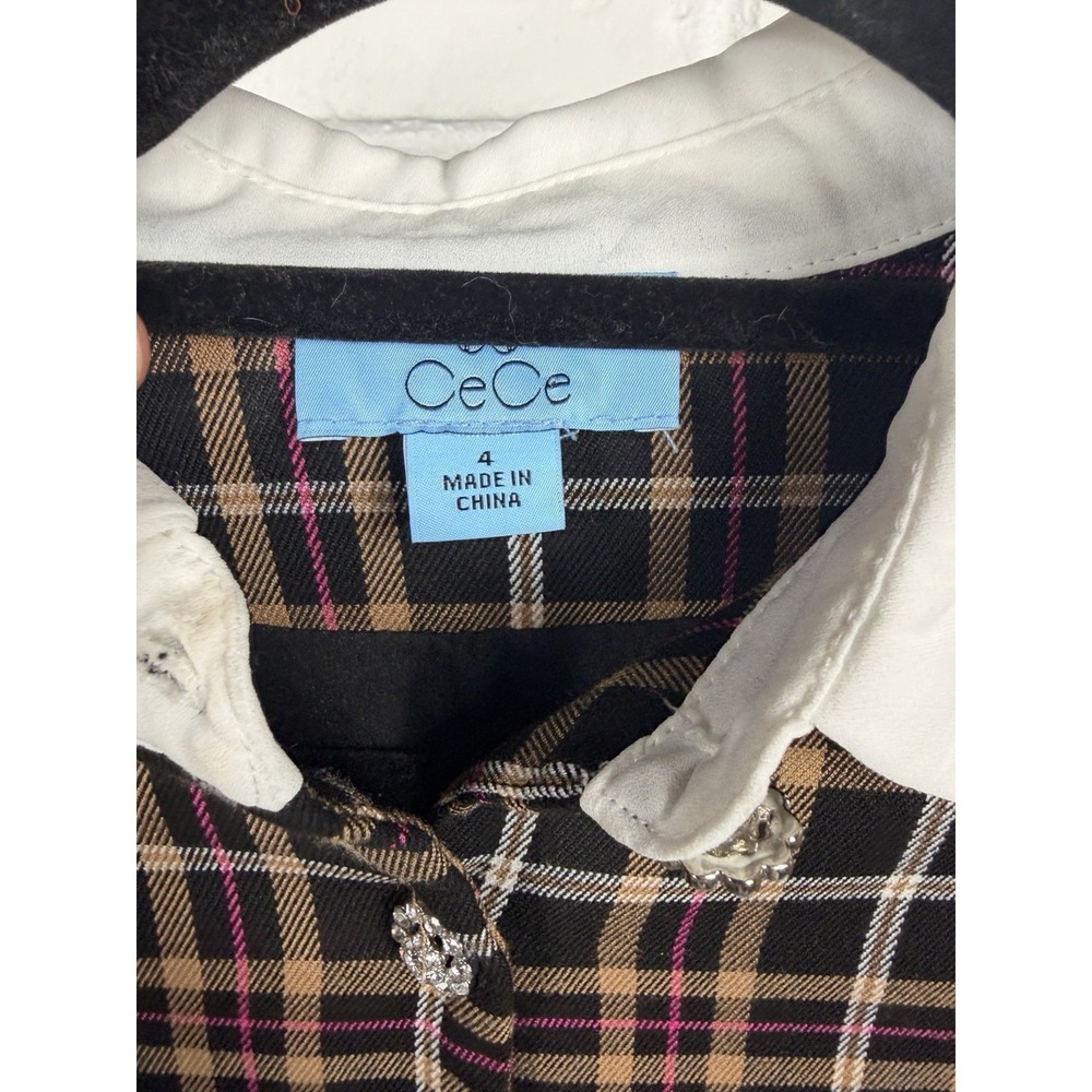 NWT CeCe Plaid Shirt Dress Size 4 Brown Pink Floral Button Collar Midi - Picture 3 of 6